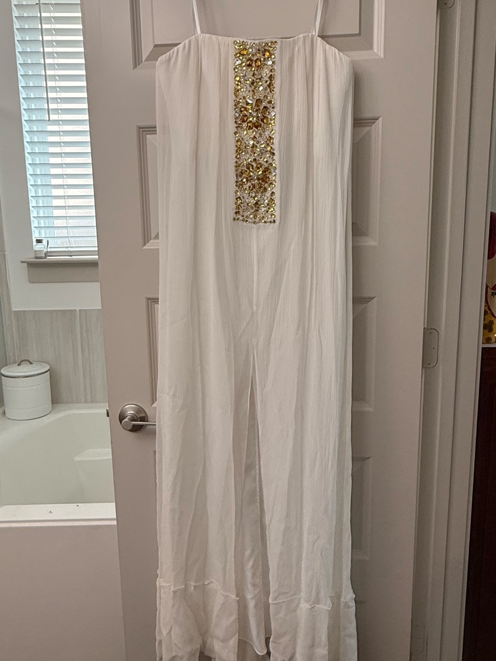 BCBGMaxAzria White wedding guest / prom dress with Gold Beaded Panel